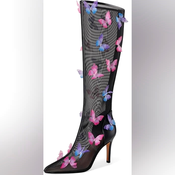 Chic Black Heeled Boots with Colorful Butterfly Accents - Picture 1 of 1